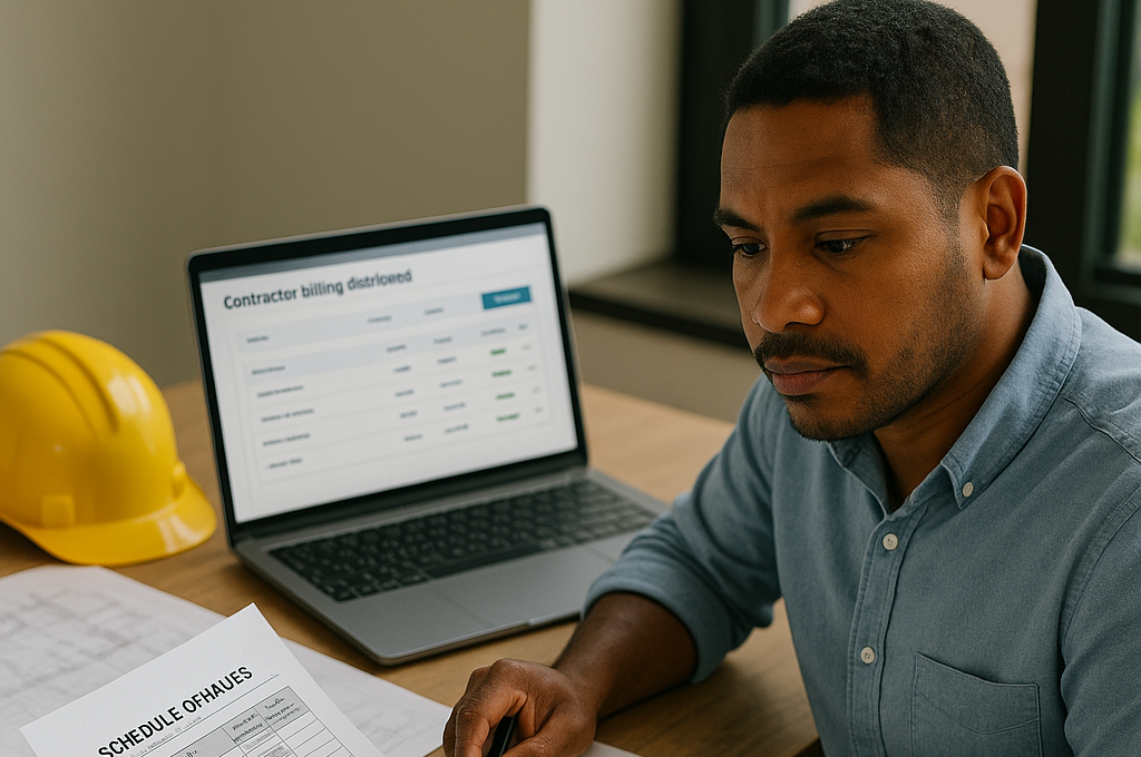 Contractor reviewing AIA billing forms, invoice, and Schedule of Values alongside digital billing software.