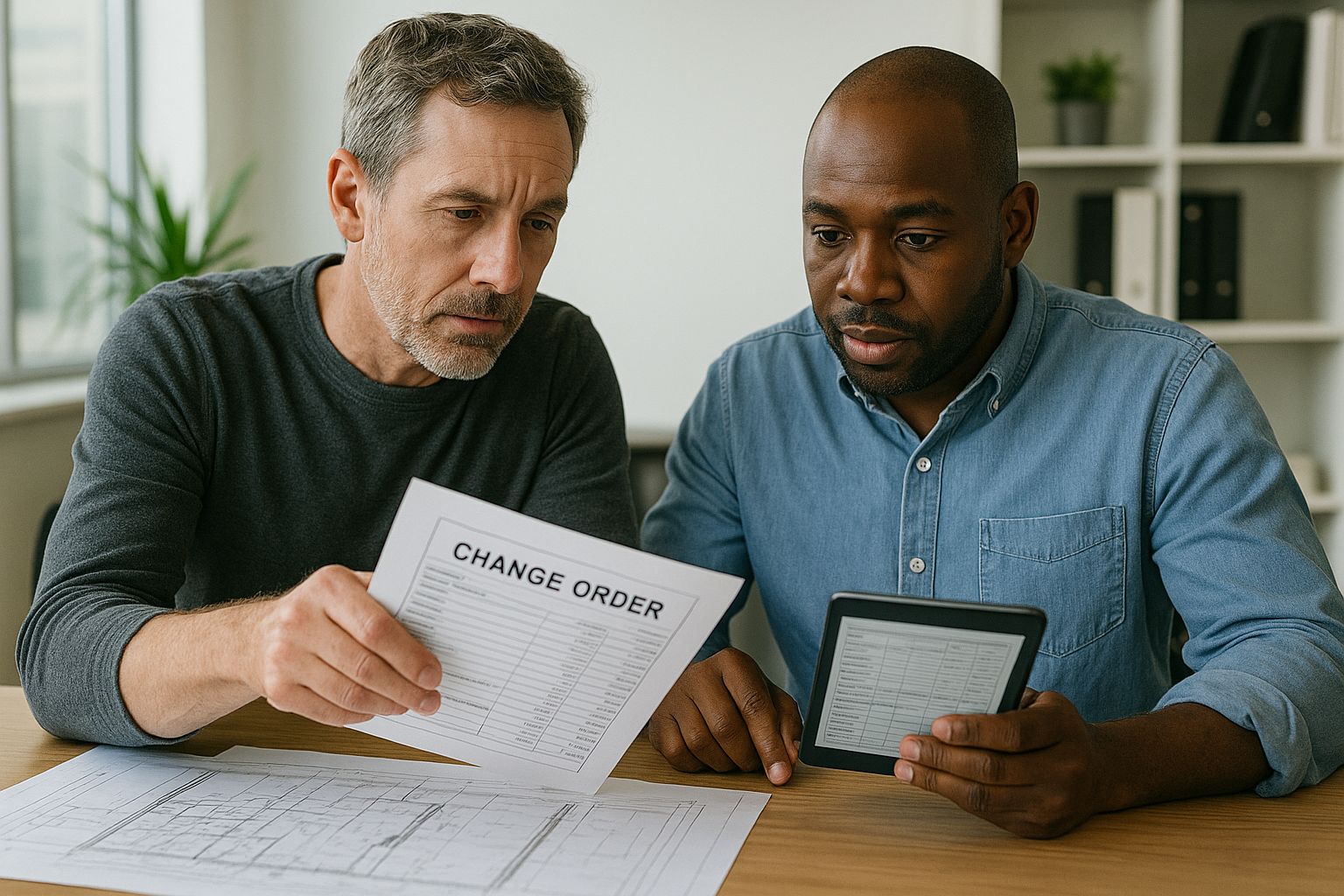 Contractors reviewing change order and construction documents to ensure accurate project records and faster payments