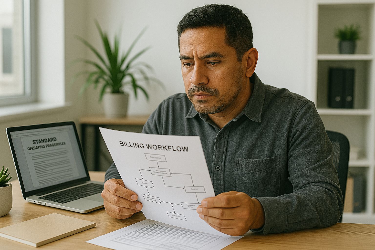 Contractor reviewing a billing workflow SOP document to improve construction pay application processes