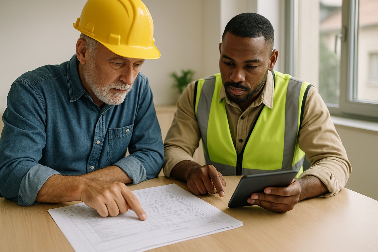 Contractors reviewing construction documents and change order details to prevent profit loss on a project