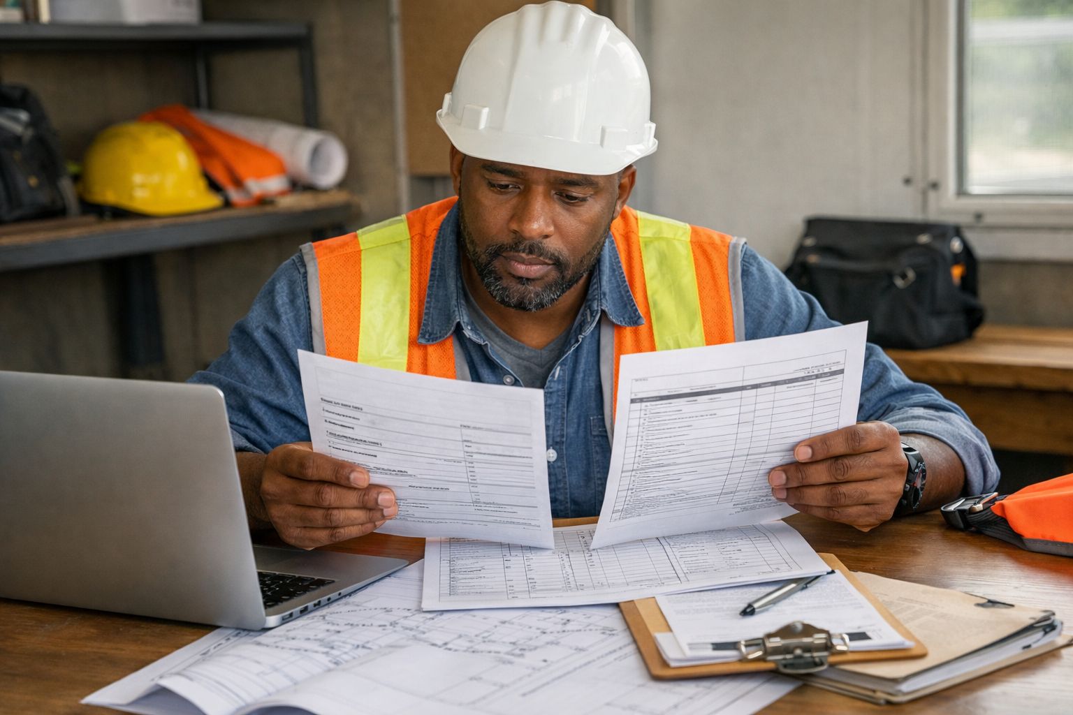 Contractor reviewing AIA G702 pay application documents while preparing a construction payment request