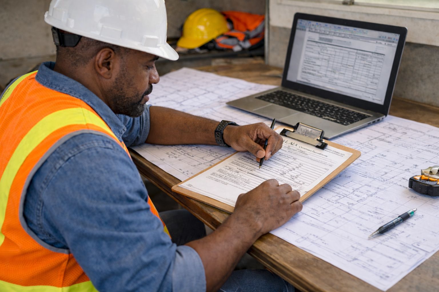 Contractor completing an AIA G703 continuation sheet for a construction pay application