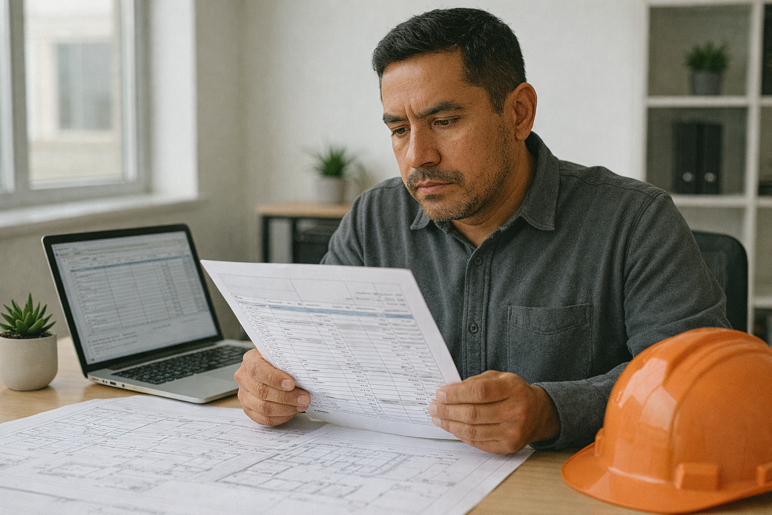 contractor reviewing construction draw schedule and pay application documents