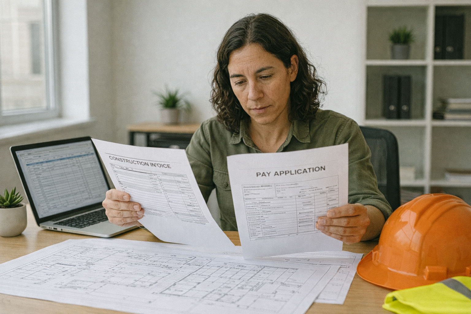 contractor reviewing construction invoice and pay application documents