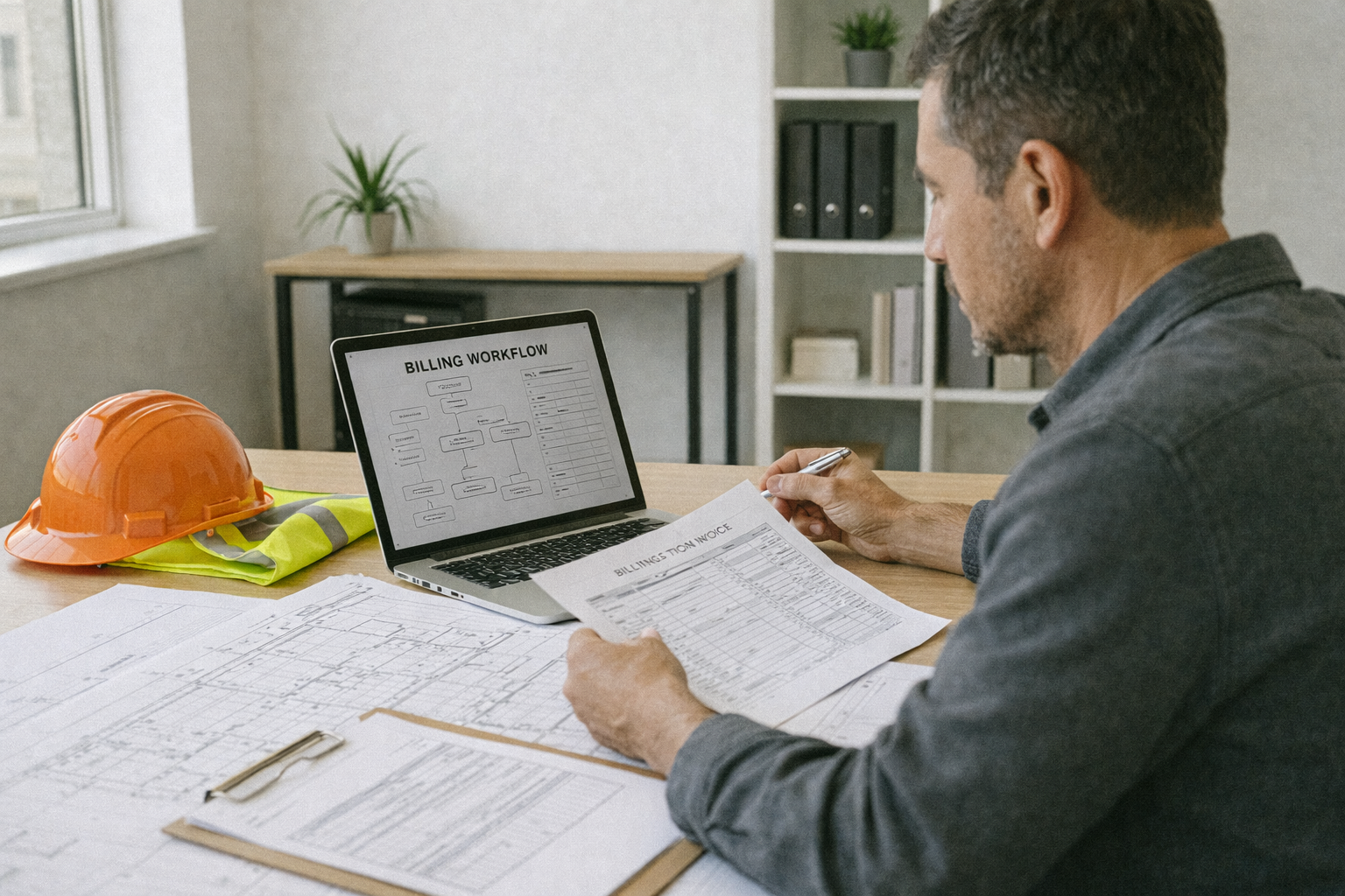 contractor reviewing construction billing workflow and project documentation